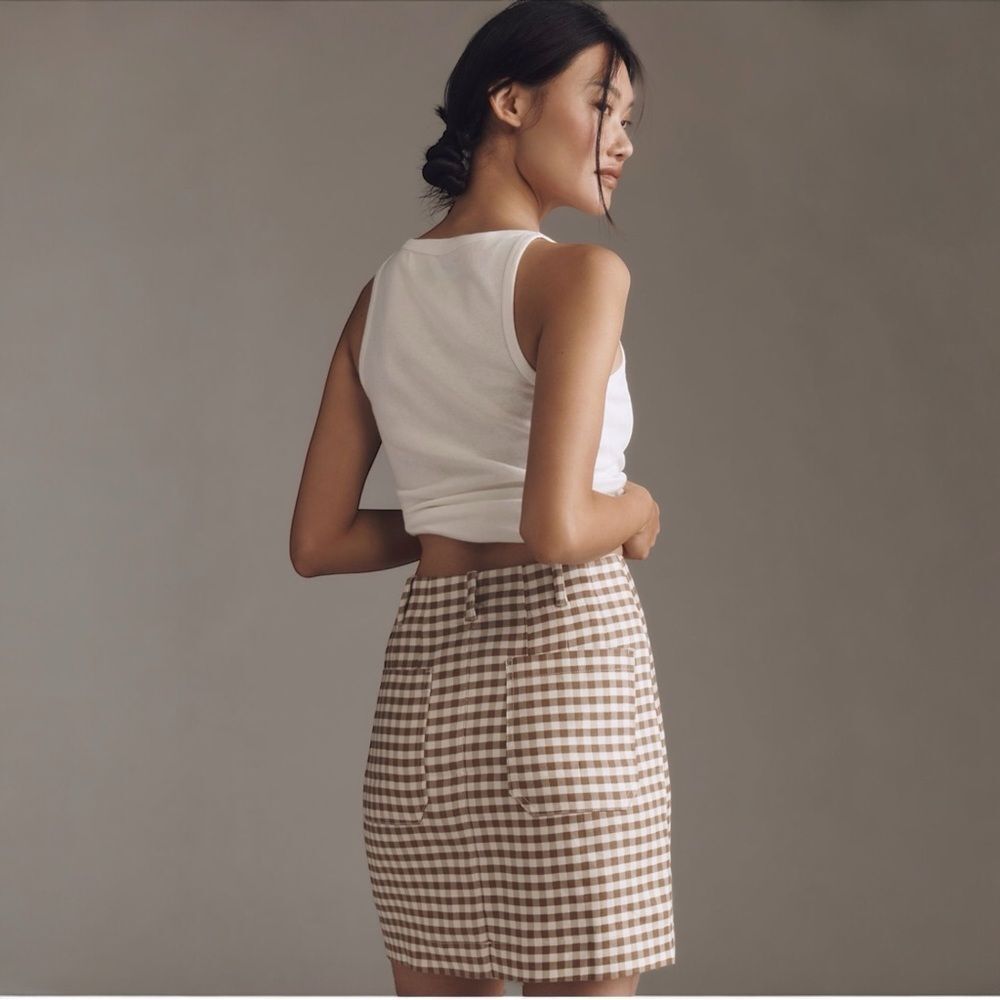 NWT Anthropologie The Colette Linen Blend Mini Skirt by Maeve Gingham Brown XXS - Picture 4 of 6